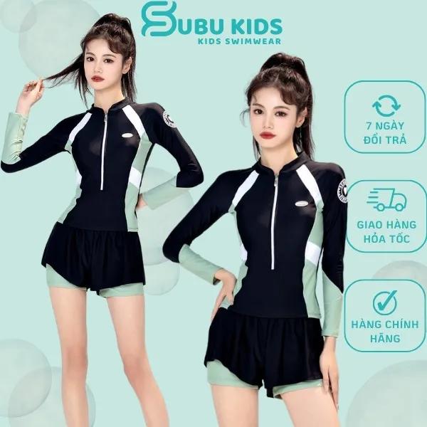 Đồ bơi 2 mảnh tay dài quần đùi khóa kéo trước kiểu dáng thể thao năng động cho bạn nữ Subu Kids