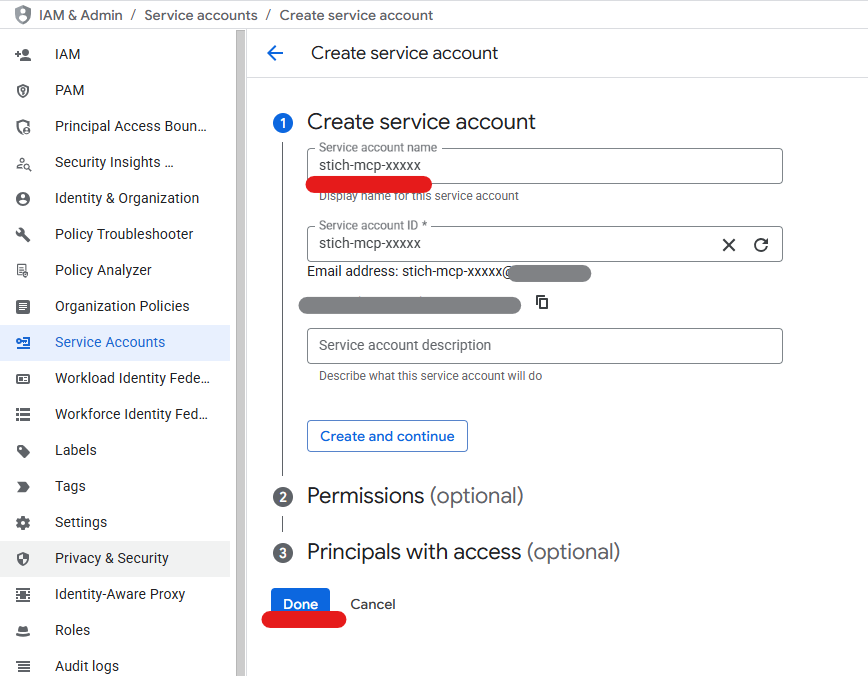 서비스 계정 세부정보 입력