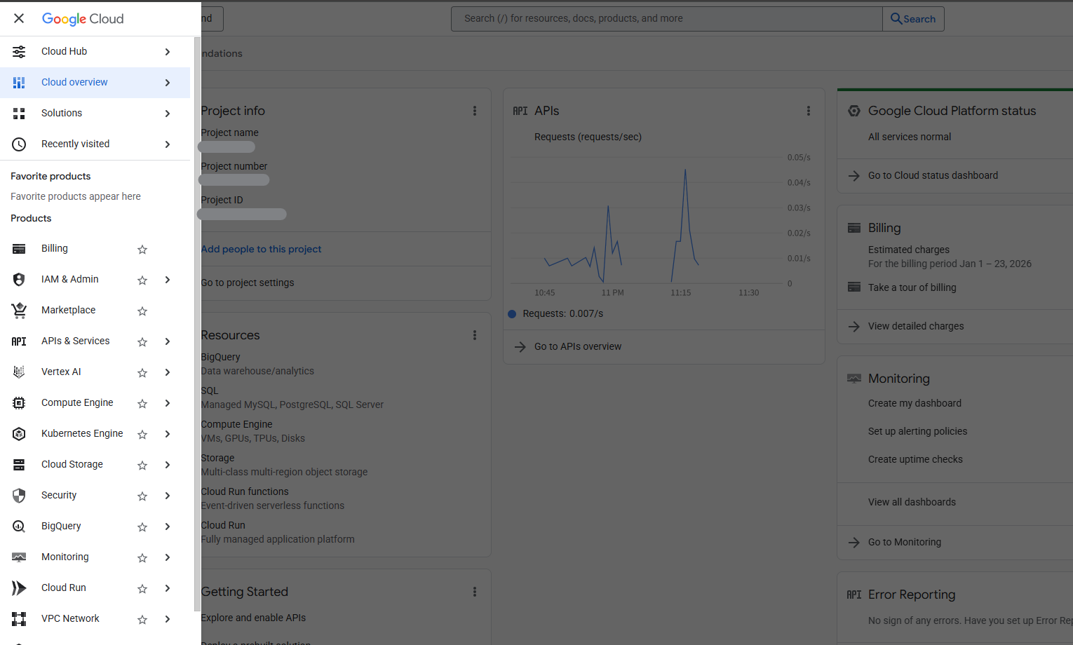 Project dashboard showing Project ID