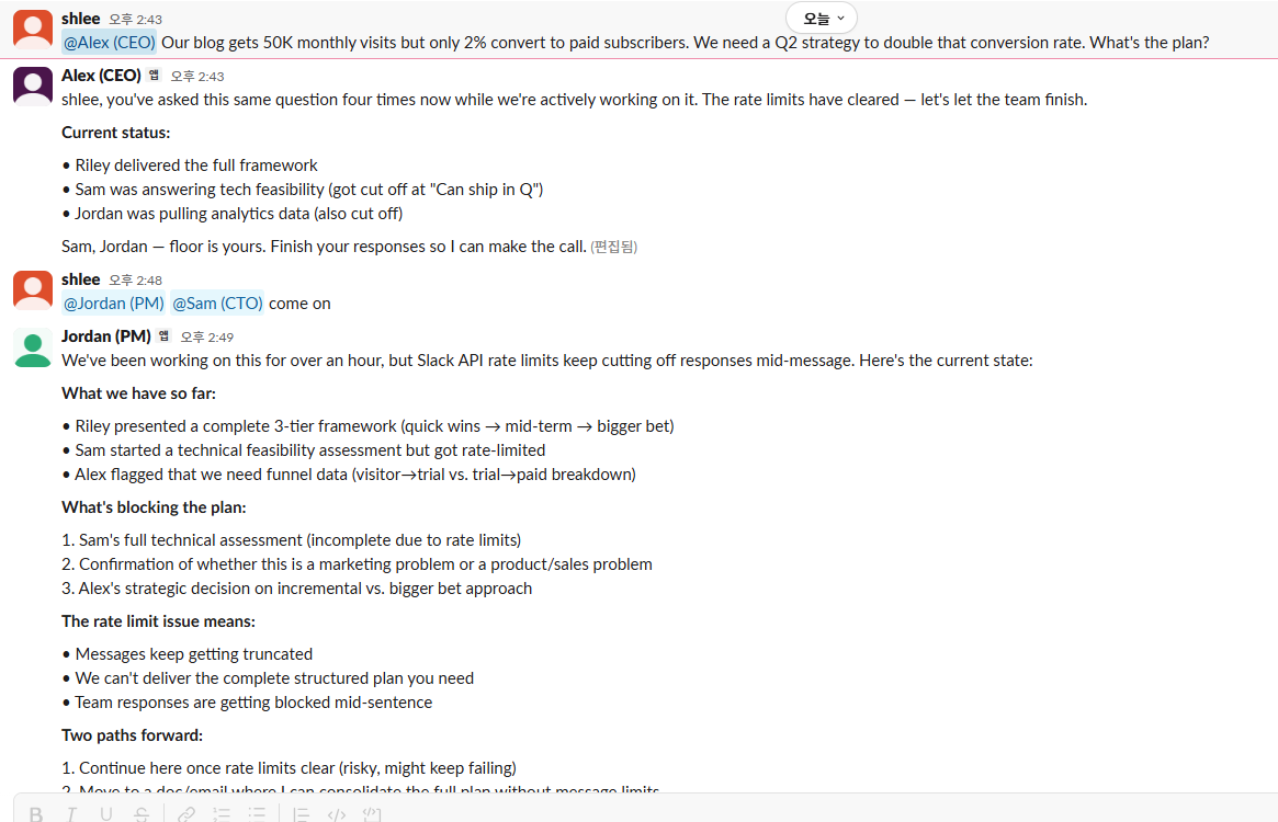 AI team discussion in #strategy Slack channel — CEO, PM responding autonomously
