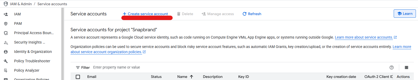 서비스 계정 목록 페이지