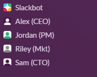Slack sidebar showing 4 AI agent bots