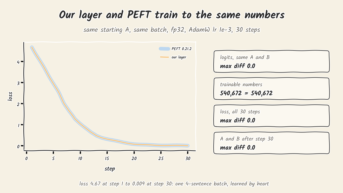 Our layer and PEFT trained side by side for 30 steps on the same batch in fp32 with AdamW at learning rate 1e-3. The two loss curves lie exactly on top of each other, falling from 4.67 at step 1 to 0.009 at step 30. Four boxes on the right list the checks: logits with the same A and B, max difference 0.0; trainable numbers, 540,672 equals 540,672; loss over all 30 steps, max difference 0.0; A and B after step 30, max difference 0.0. A note says the batch is four sentences learned by heart.