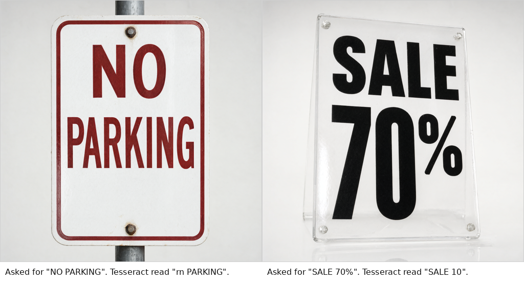 Two signs Tesseract misread. Both render the requested text cleanly.
