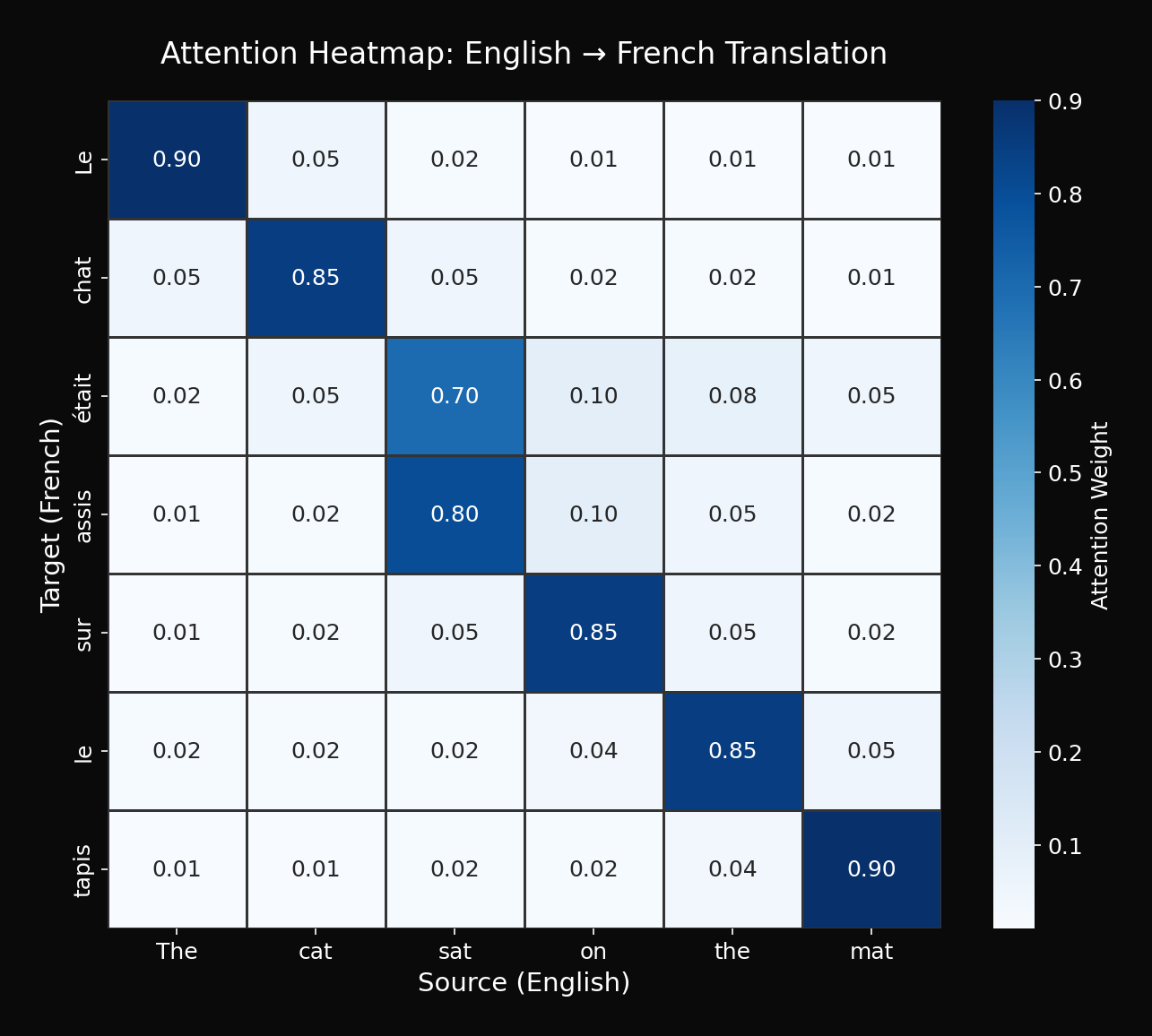 Attention Heatmap: 영어-프랑스어 번역
