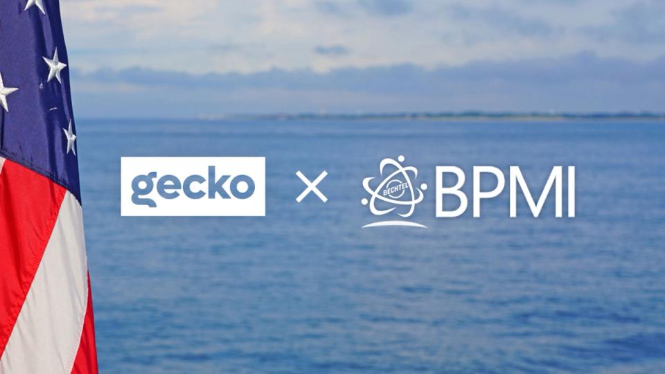 Gecko and BPMI logos over open water beside a U.S. flag