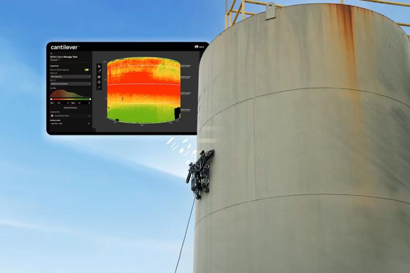 Gecko robot climbing a storage tank, with Cantilever® showing the tank’s color-coded thickness map