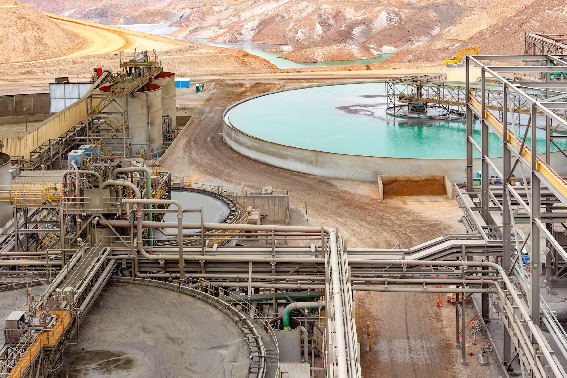 Mineral processing plant and thickener tanks at a desert mine
