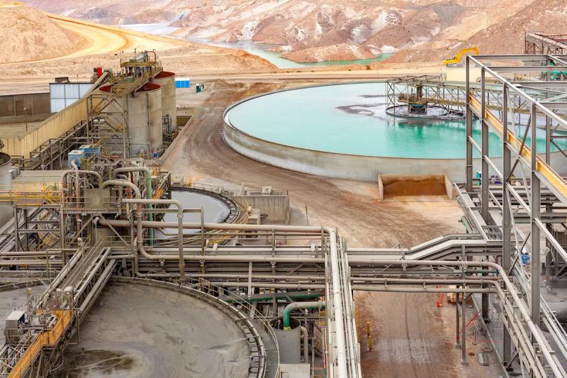 Mineral processing plant and thickener tanks at a desert mine