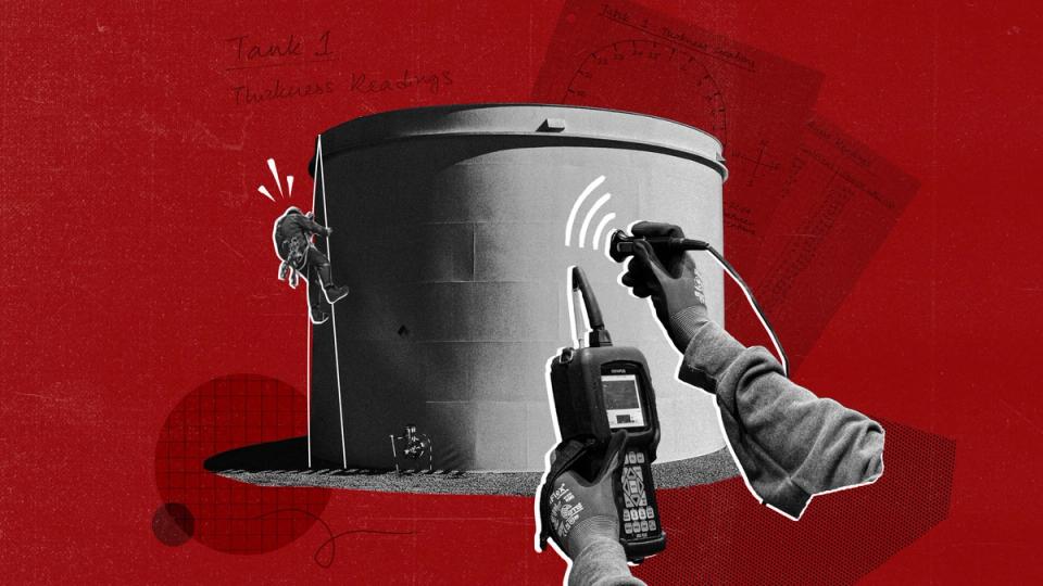 Collage of manual inspection: a hand-held ultrasonic gauge pressed to a storage tank, a rope-access worker on its side and handwritten thickness readings