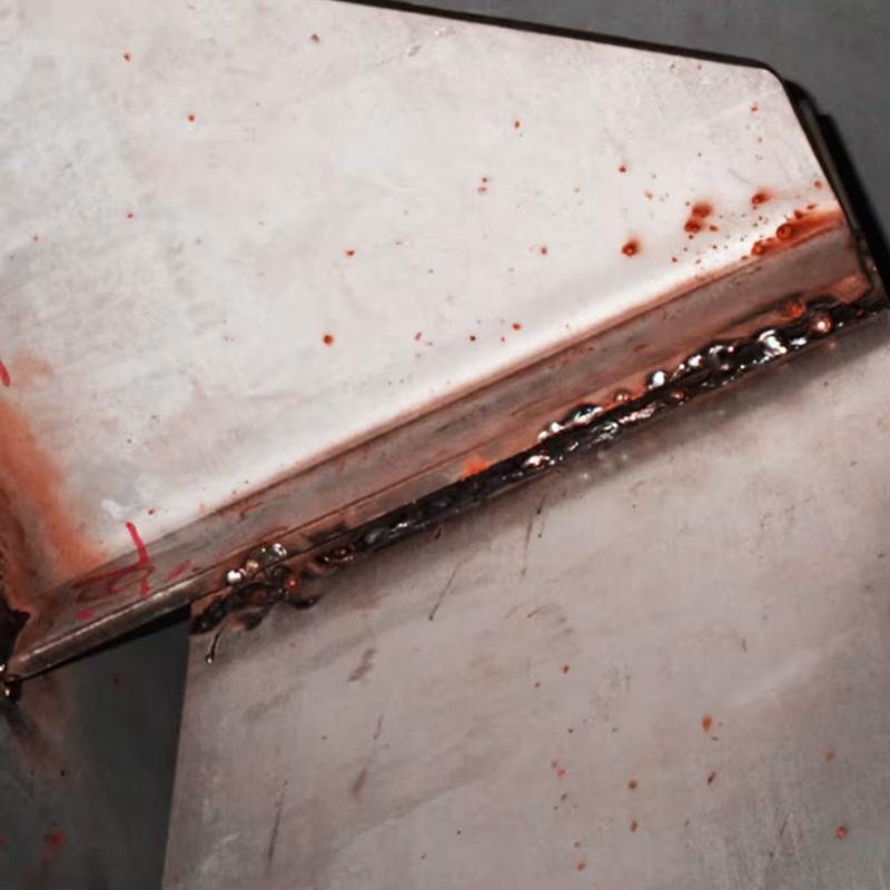 Close-up of a rust-spotted weld on a steel plate