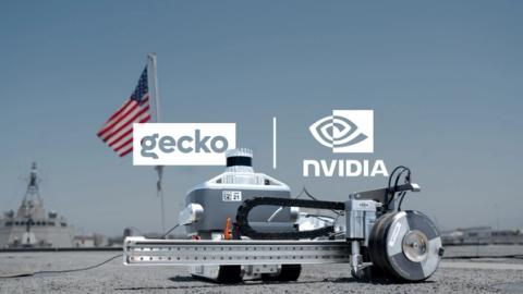 Gecko and NVIDIA logos above a Komodo inspection robot on a ship’s deck