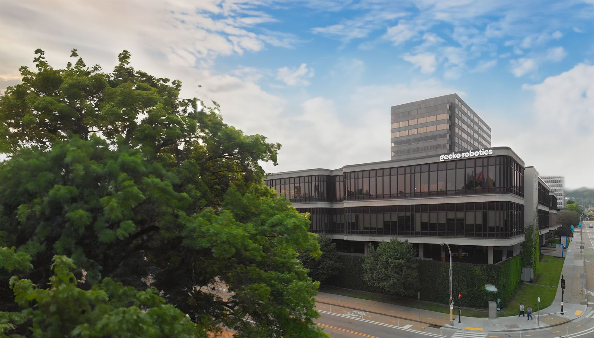 Gecko Robotics headquarters, an office building on a tree-lined street