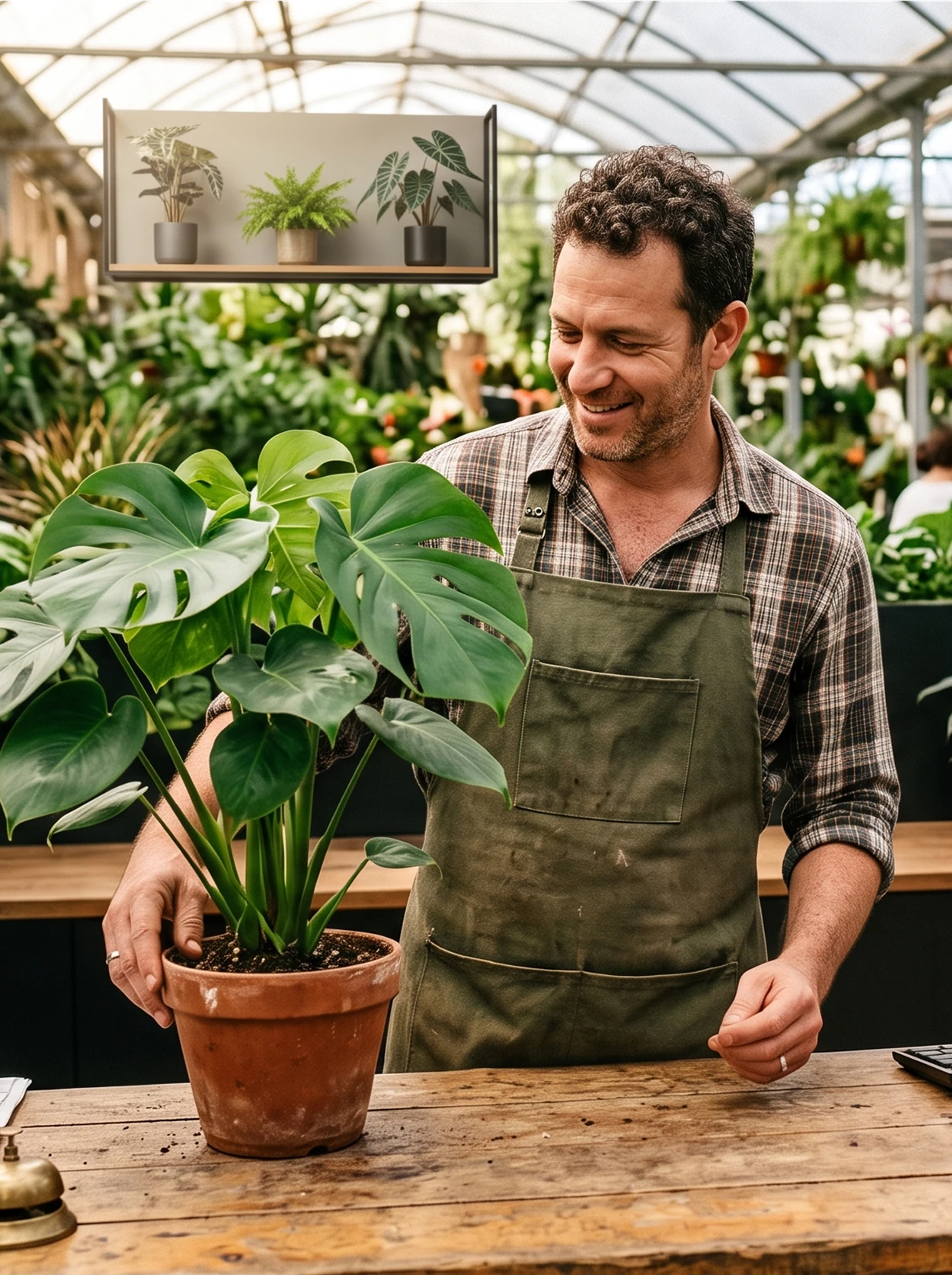 A plant-shop owner tends a monstera at the counter