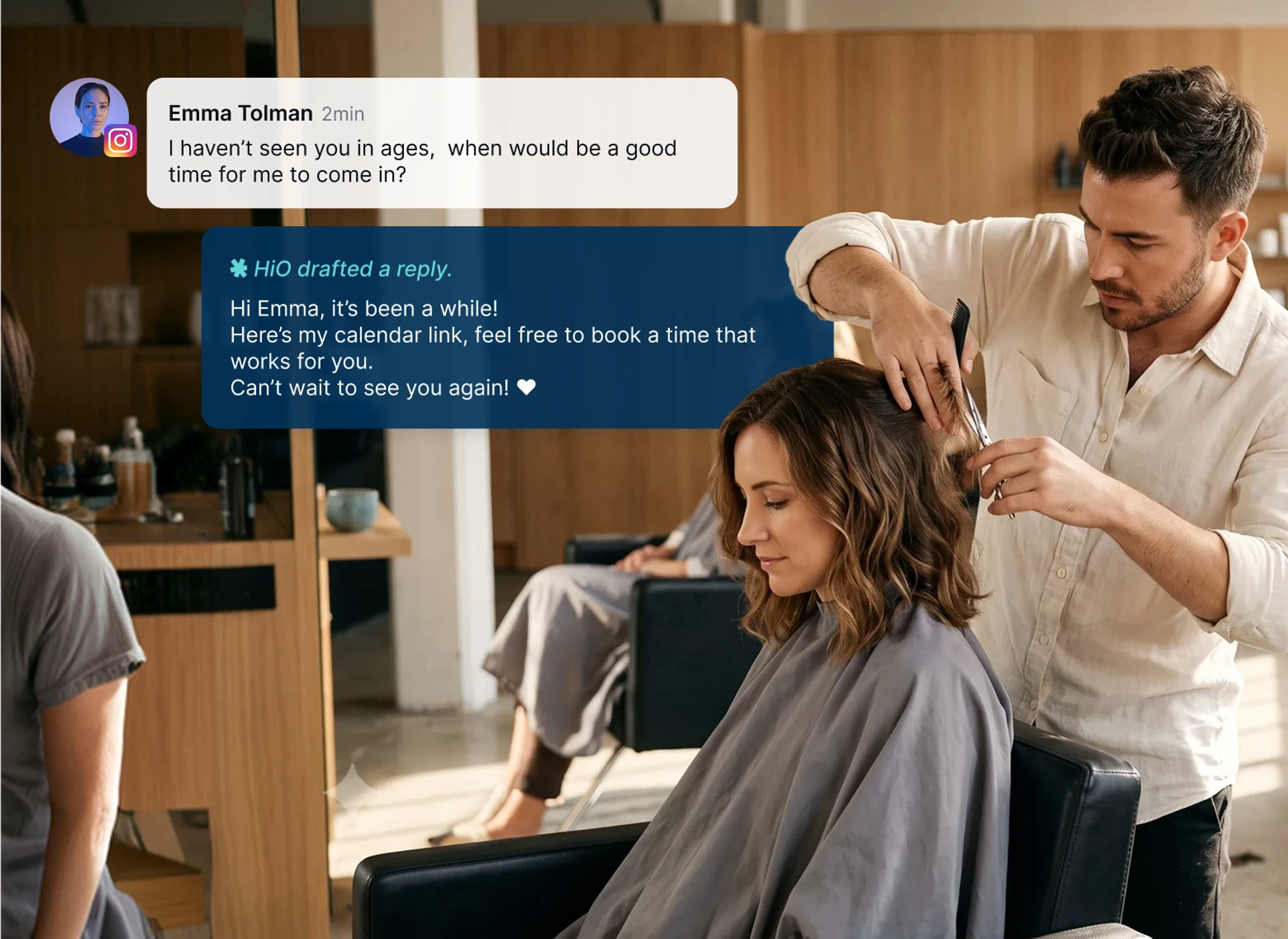 A barber replies to Emma Tolman's Instagram message with an AI-drafted response