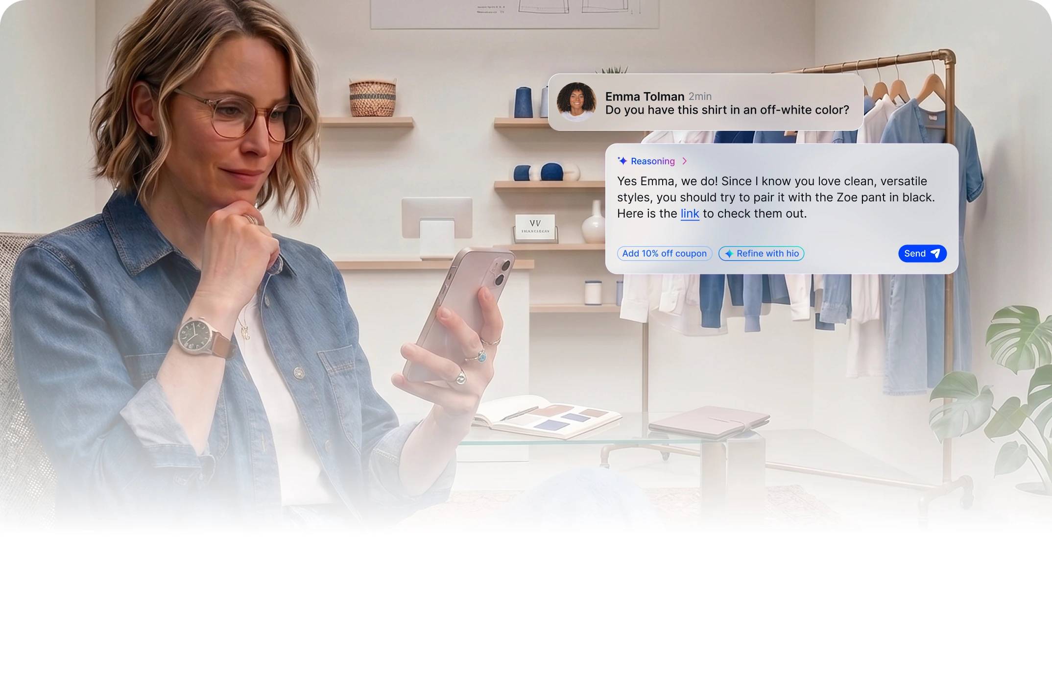 Boutique owner reviewing AI-suggested replies on her phone