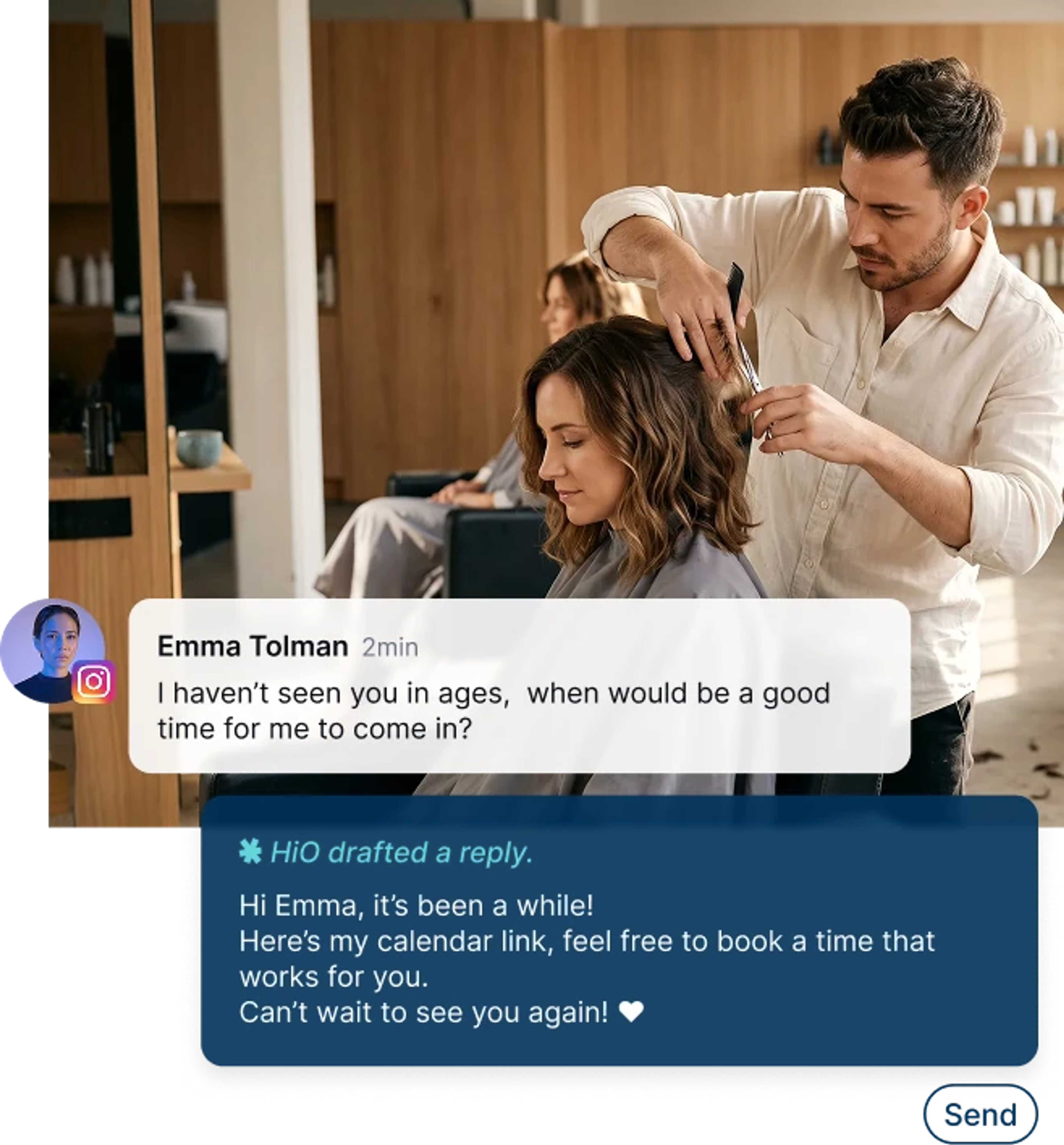 A barber replies to Emma Tolman's Instagram message with an AI-drafted response