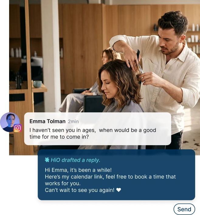 A barber replies to Emma Tolman's Instagram message with an AI-drafted response
