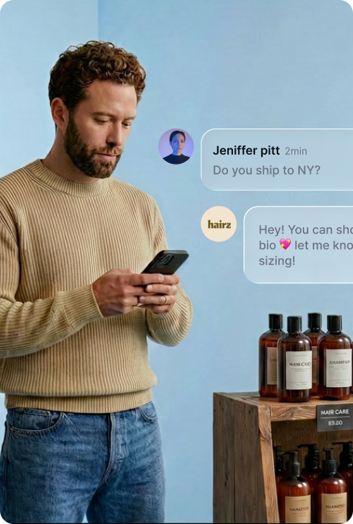 A shop owner answering an Instagram DM with hio's suggested reply