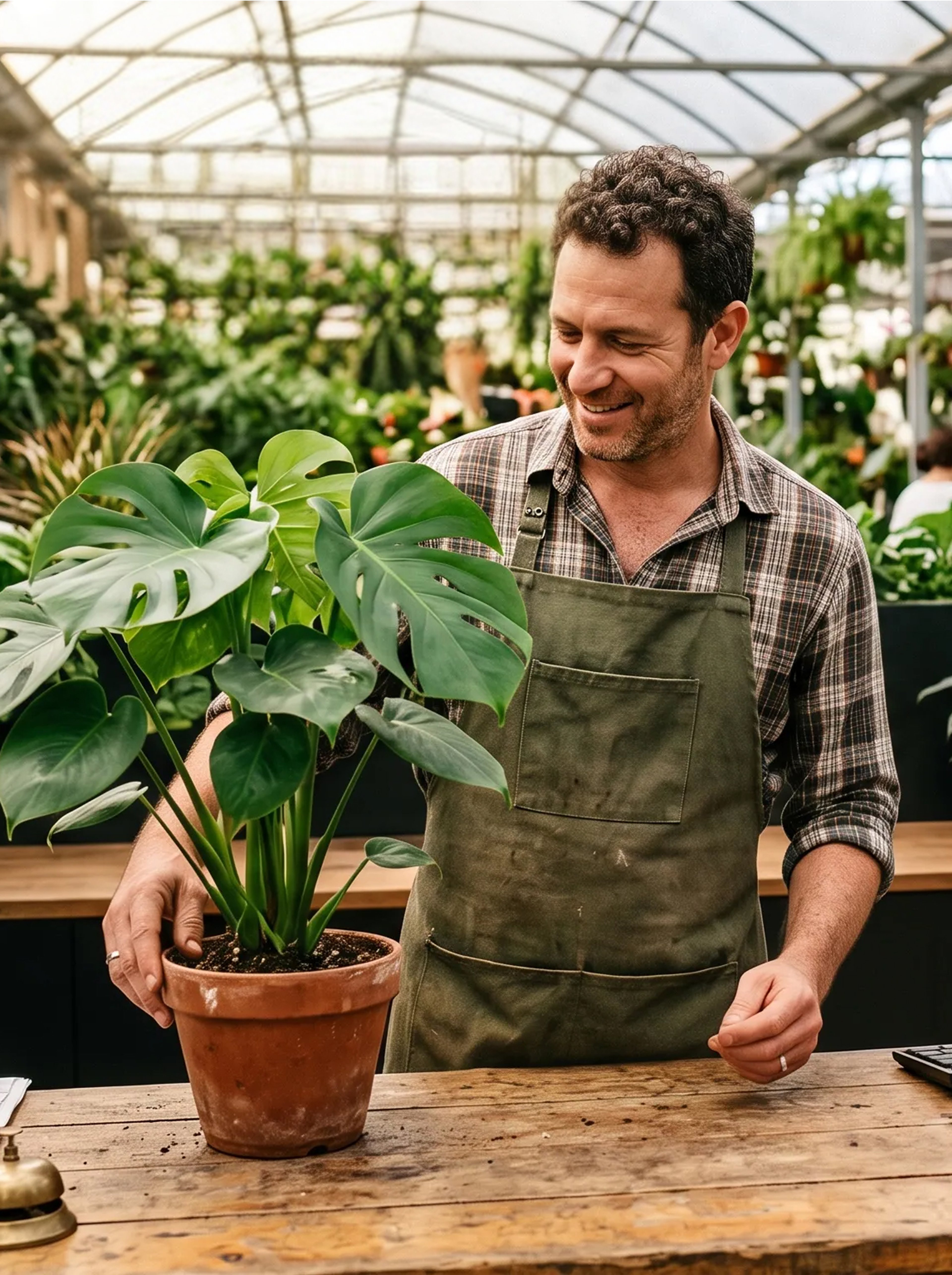 A plant-shop owner tends a monstera at the counter