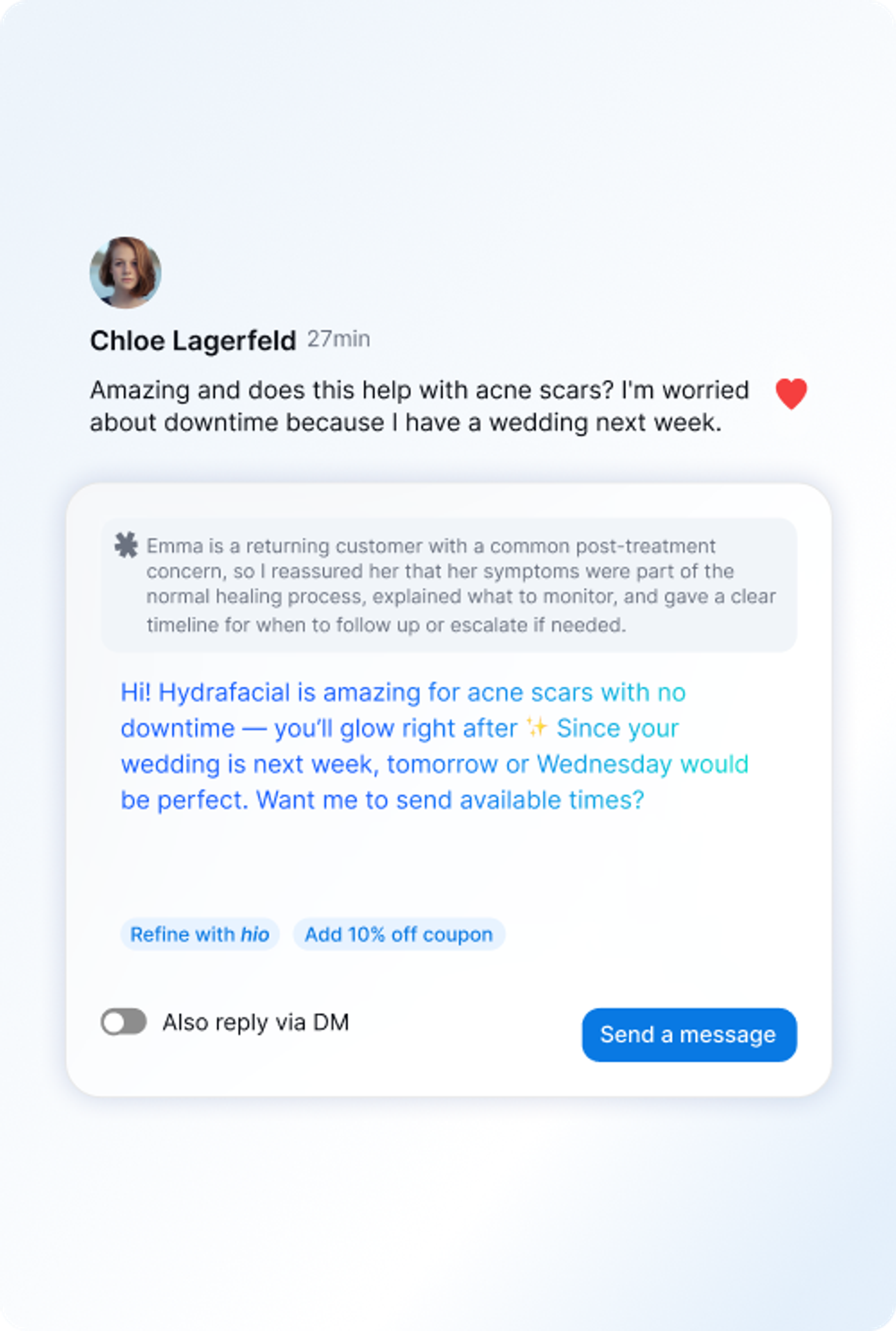 hio drafting a reply to a customer's question about acne scars