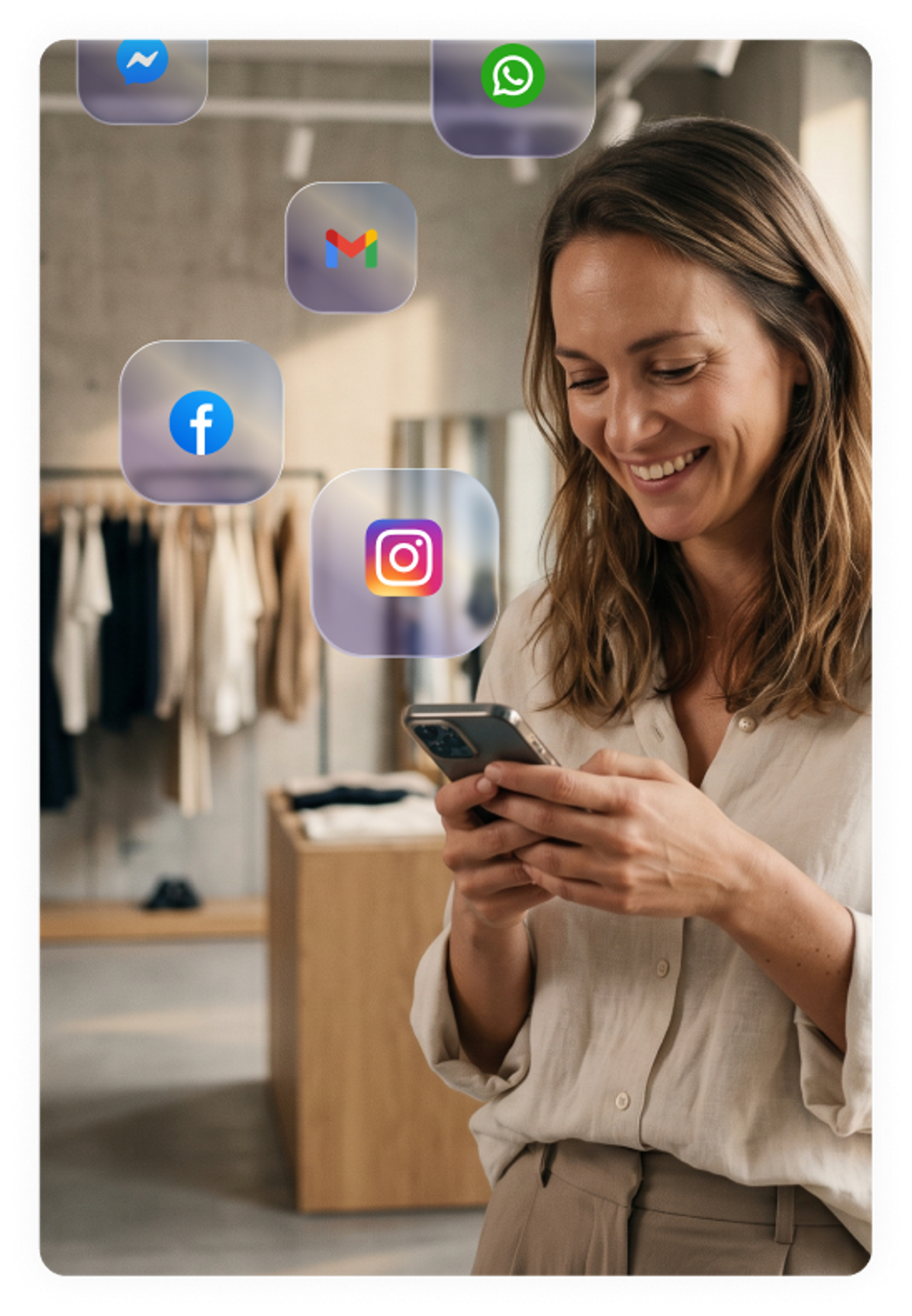 A business owner surrounded by the messaging tools hio connects to