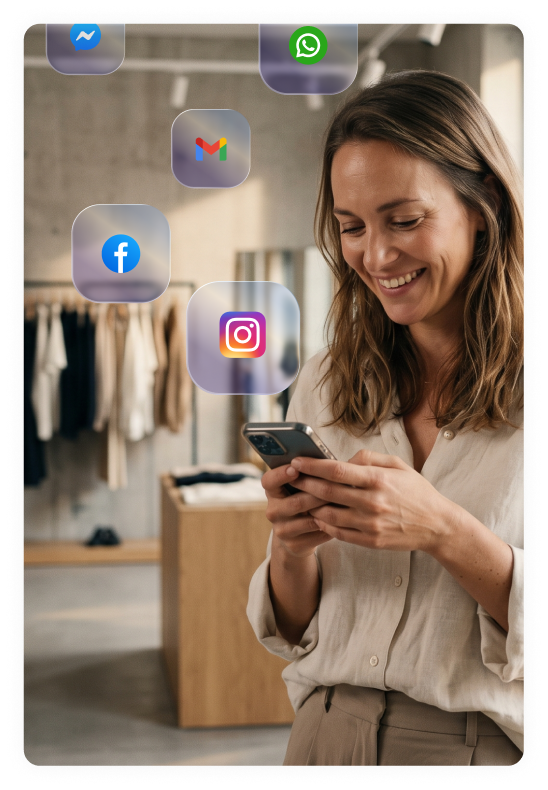 A business owner surrounded by the messaging tools hio connects to