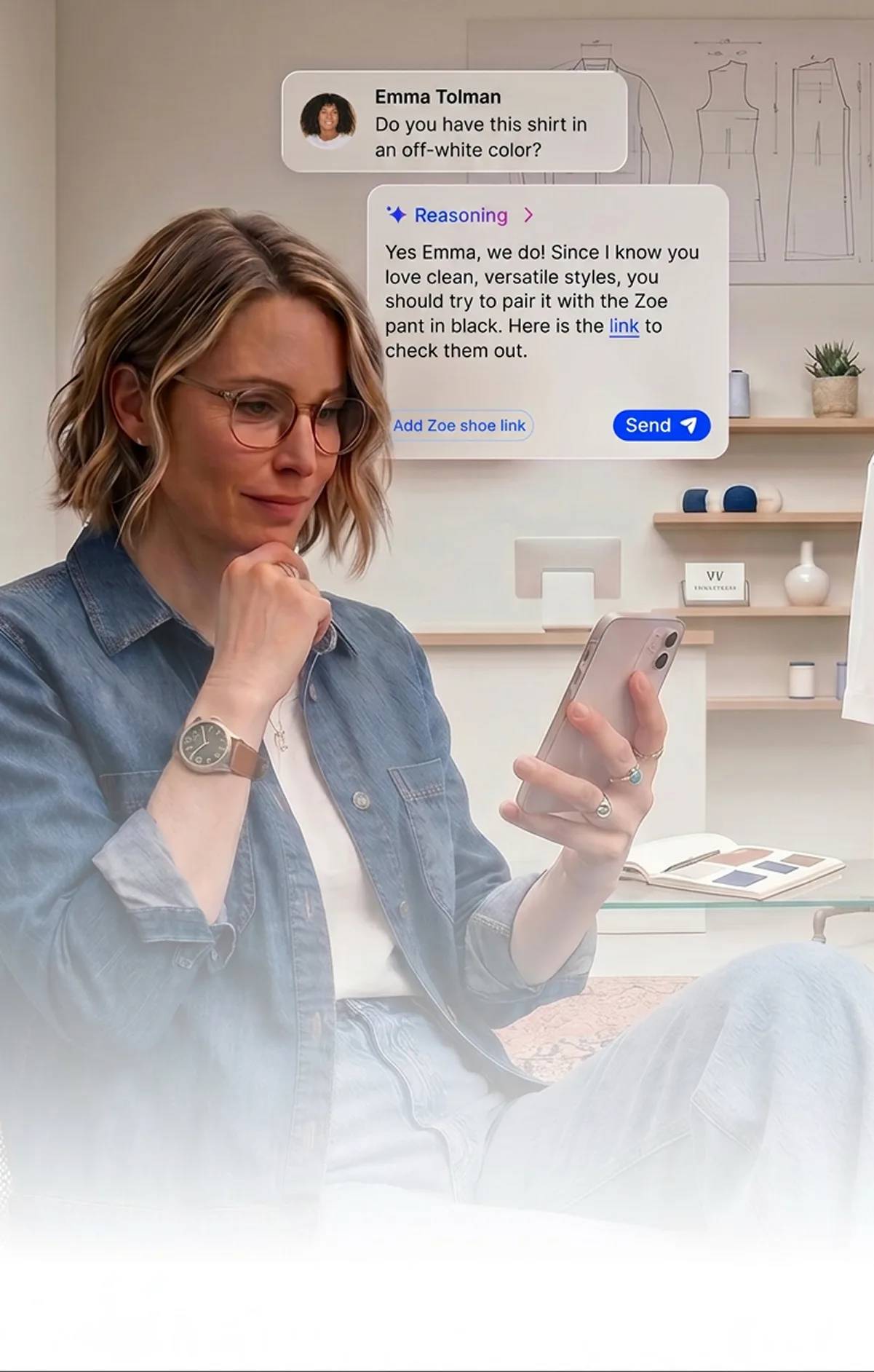 Boutique owner reviewing AI-suggested replies on her phone
