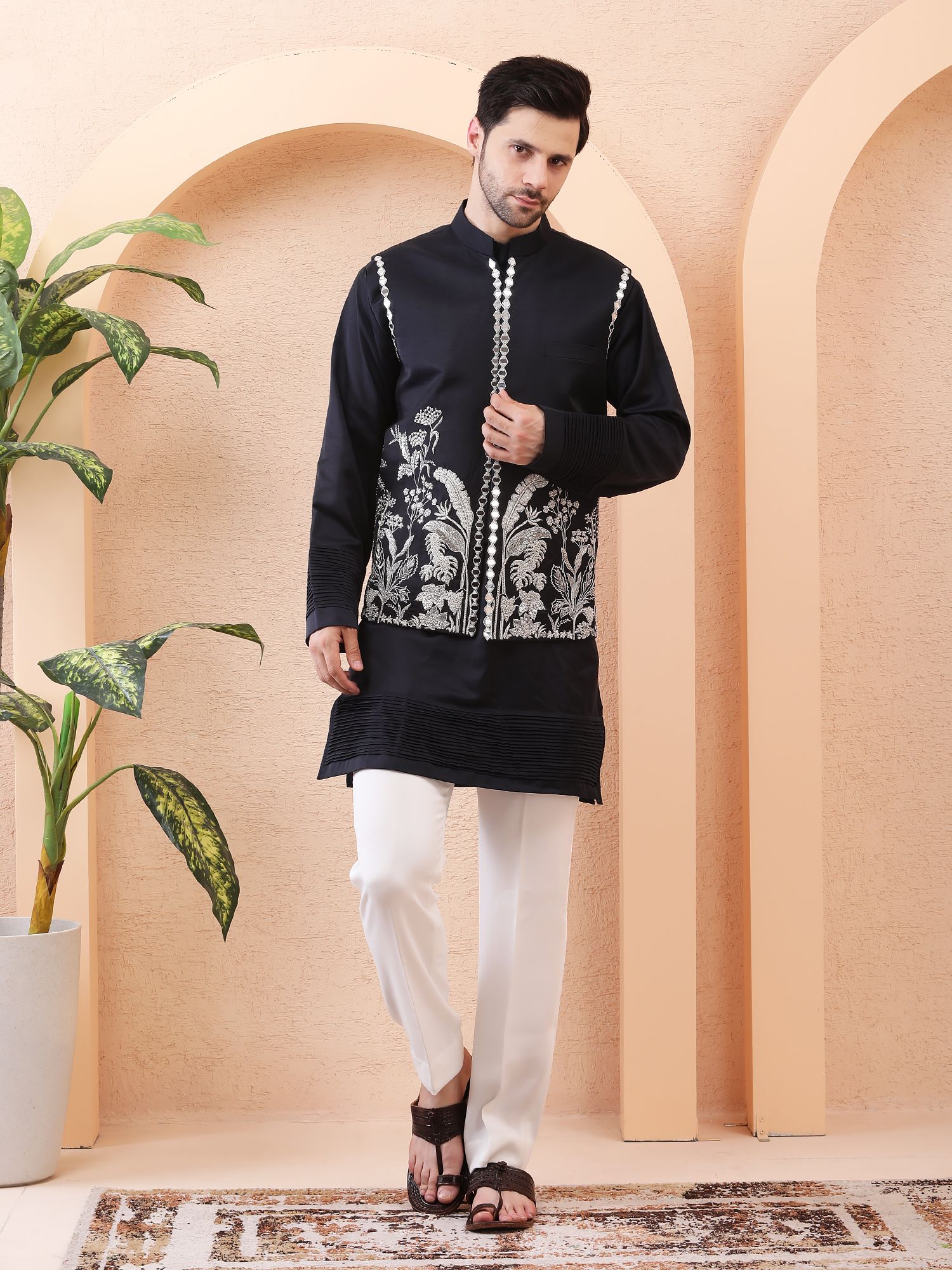 MOONLIT GARDEN – MIRROR HAND EMBROIDERED DESIGNER BUNDI SET – NAVY BLUE
