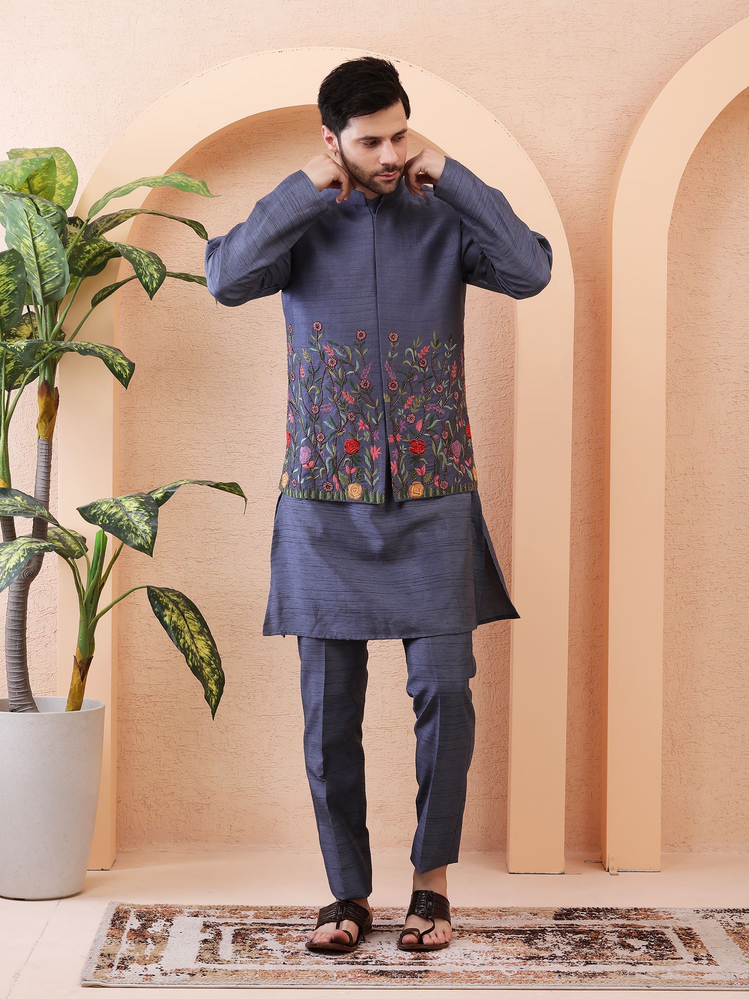 SECRET GARDEN – FLORAL HAND EMBROIDERED DESIGNER BUNDI SET – SMOKY NAVY BLUE