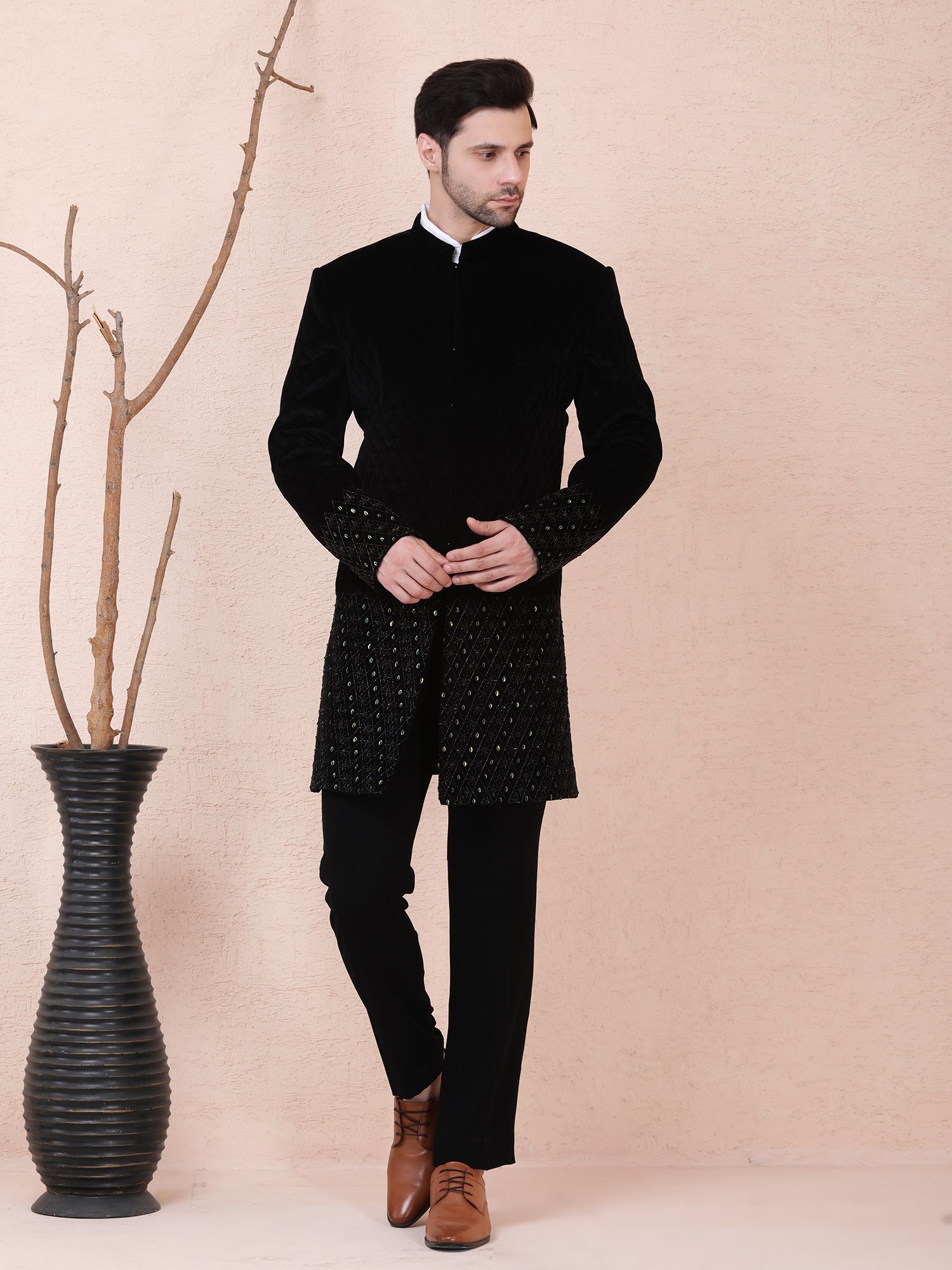 OBSIDIAN LATTICE HAND EMBELLISHED INDO WESTERN – BLACK