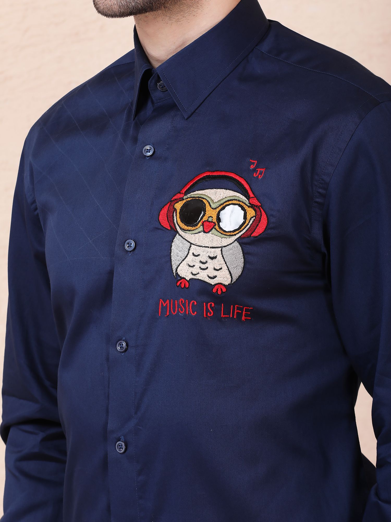 MUSIC IS LIFE (OWL) DESIGNER SHIRT – NAVY BLUE
