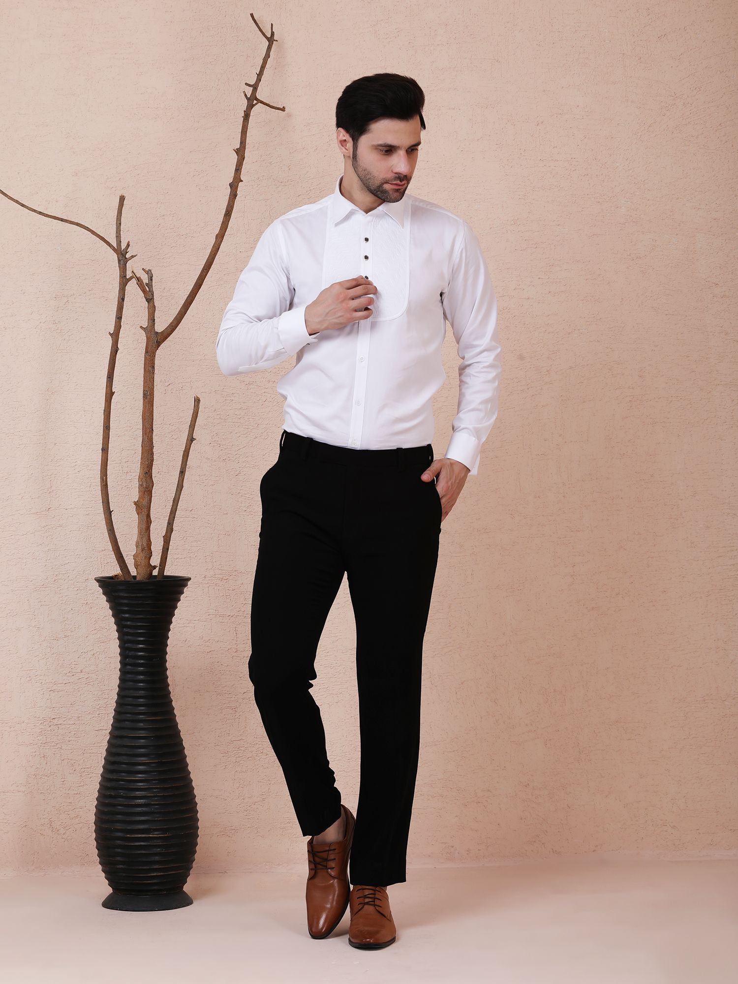 LUXE TEXTURED PANEL TUXEDO SHIRT – WHITE