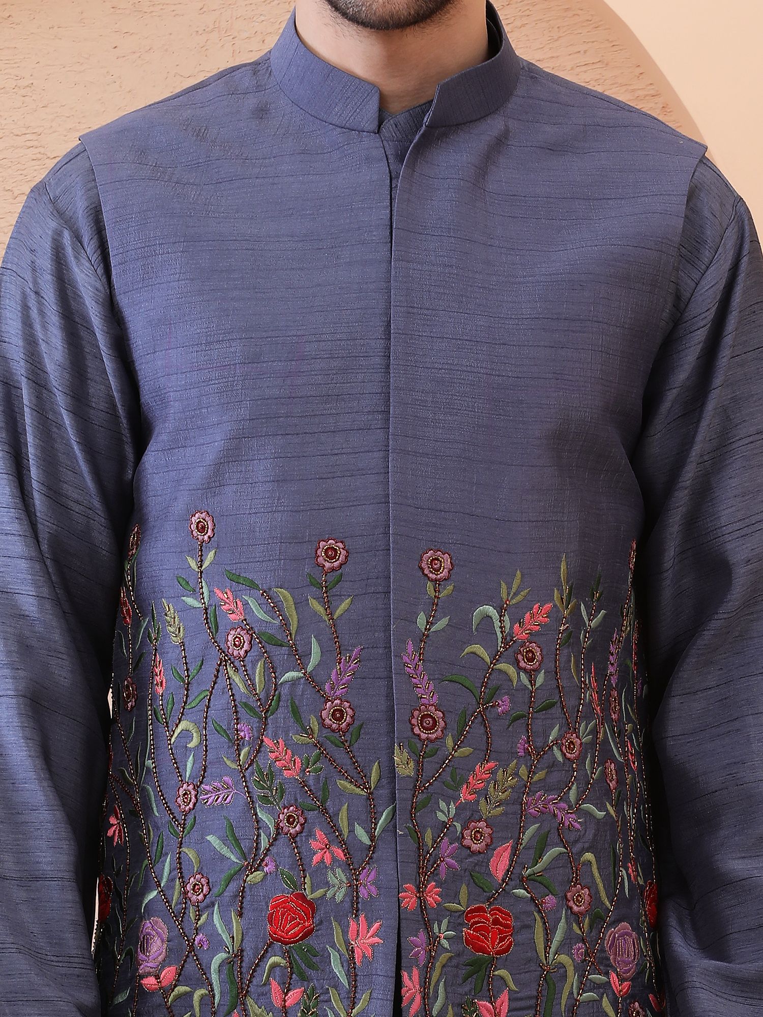 SECRET GARDEN – FLORAL HAND EMBROIDERED DESIGNER BUNDI SET – SMOKY NAVY BLUE