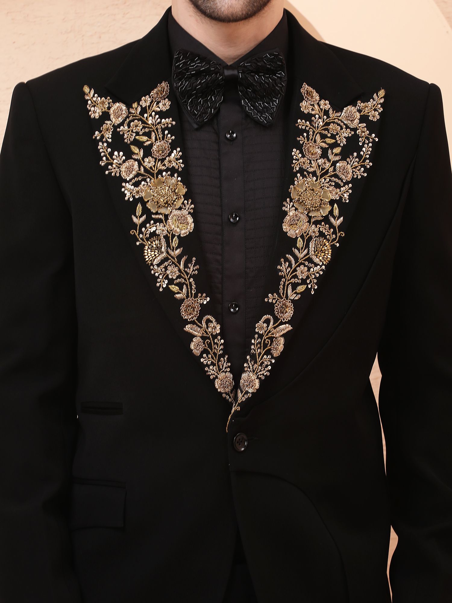 FLEUR D’OR – HAND EMBROIDERED DESIGNER TUXEDO – BLACK