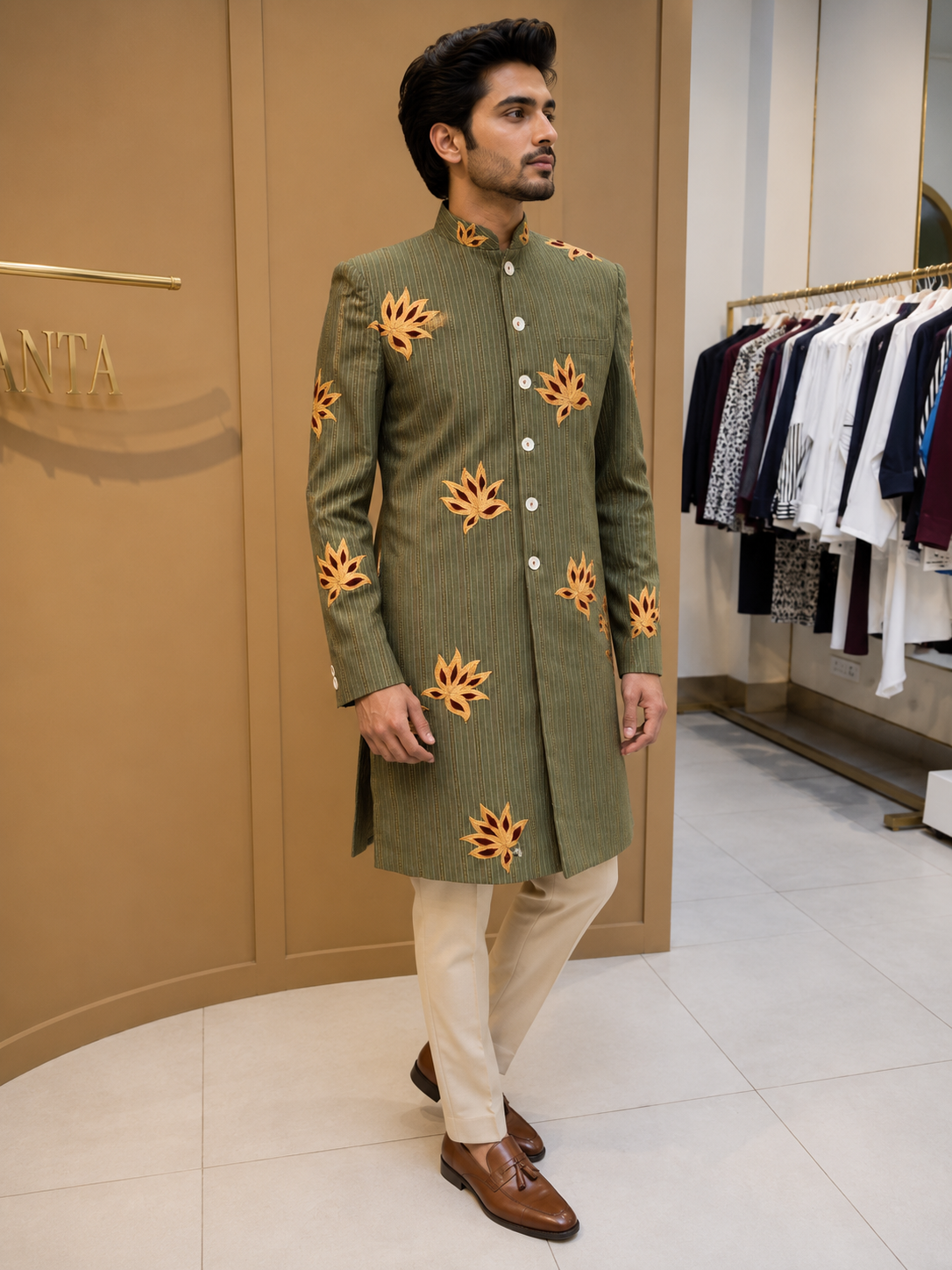 Designer Olive Green Embroidered Jodhpuri Set