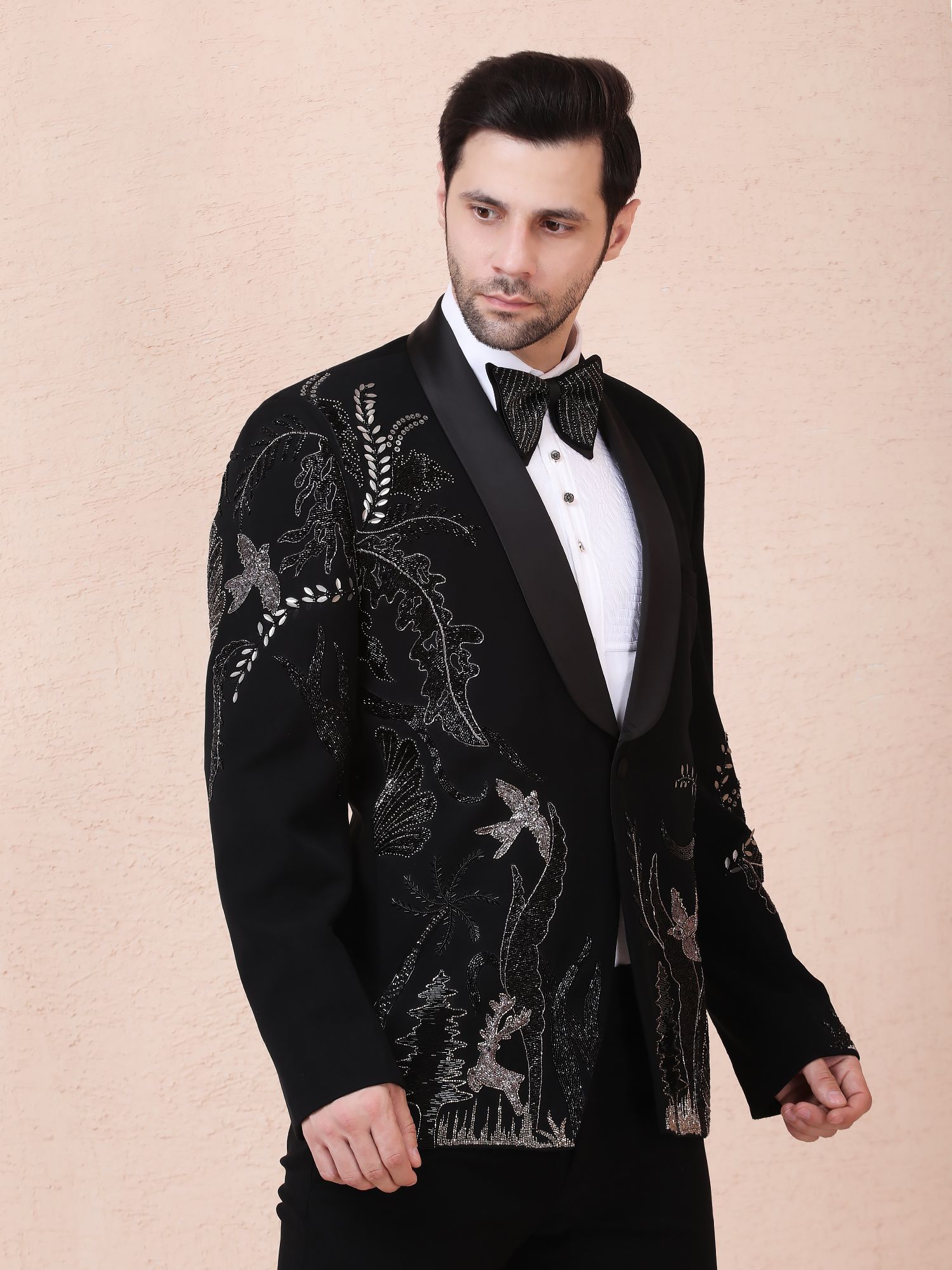 MYSTIC FOREST – HAND EMBROIDERED DESIGNER TUXEDO – BLACK