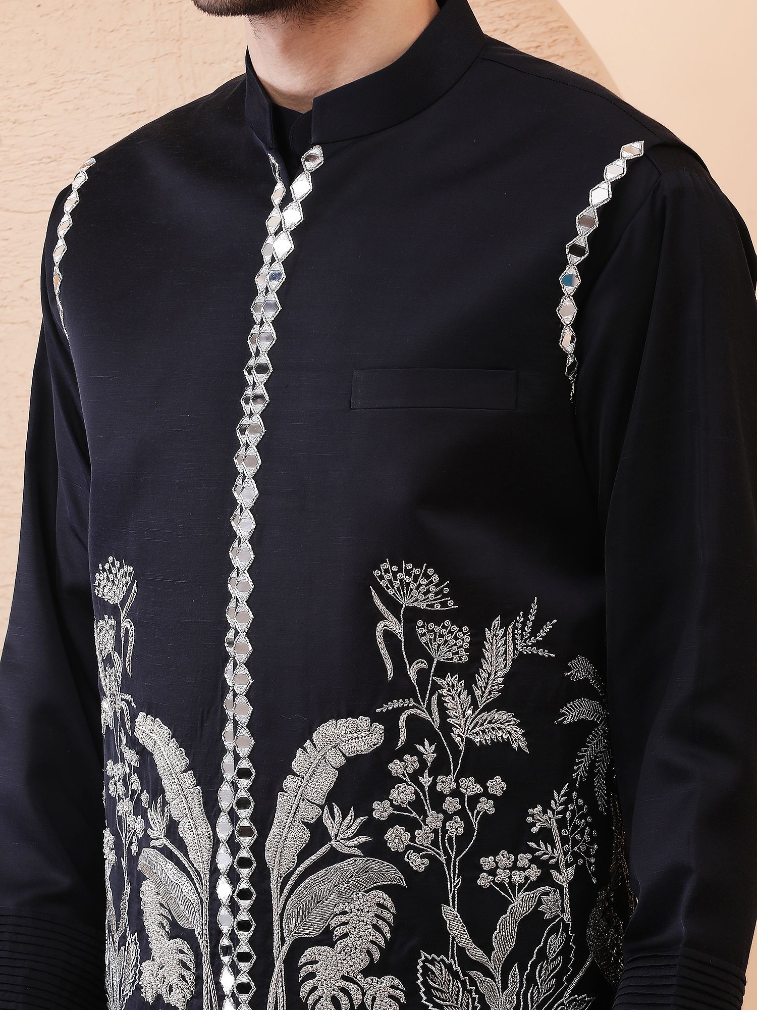 MOONLIT GARDEN – MIRROR HAND EMBROIDERED DESIGNER BUNDI SET – NAVY BLUE