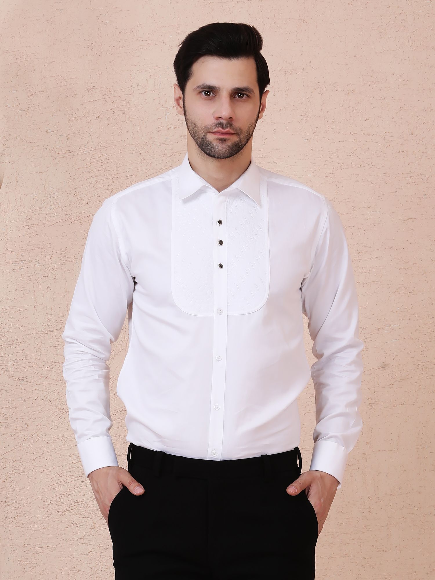 LUXE TEXTURED PANEL TUXEDO SHIRT – WHITE