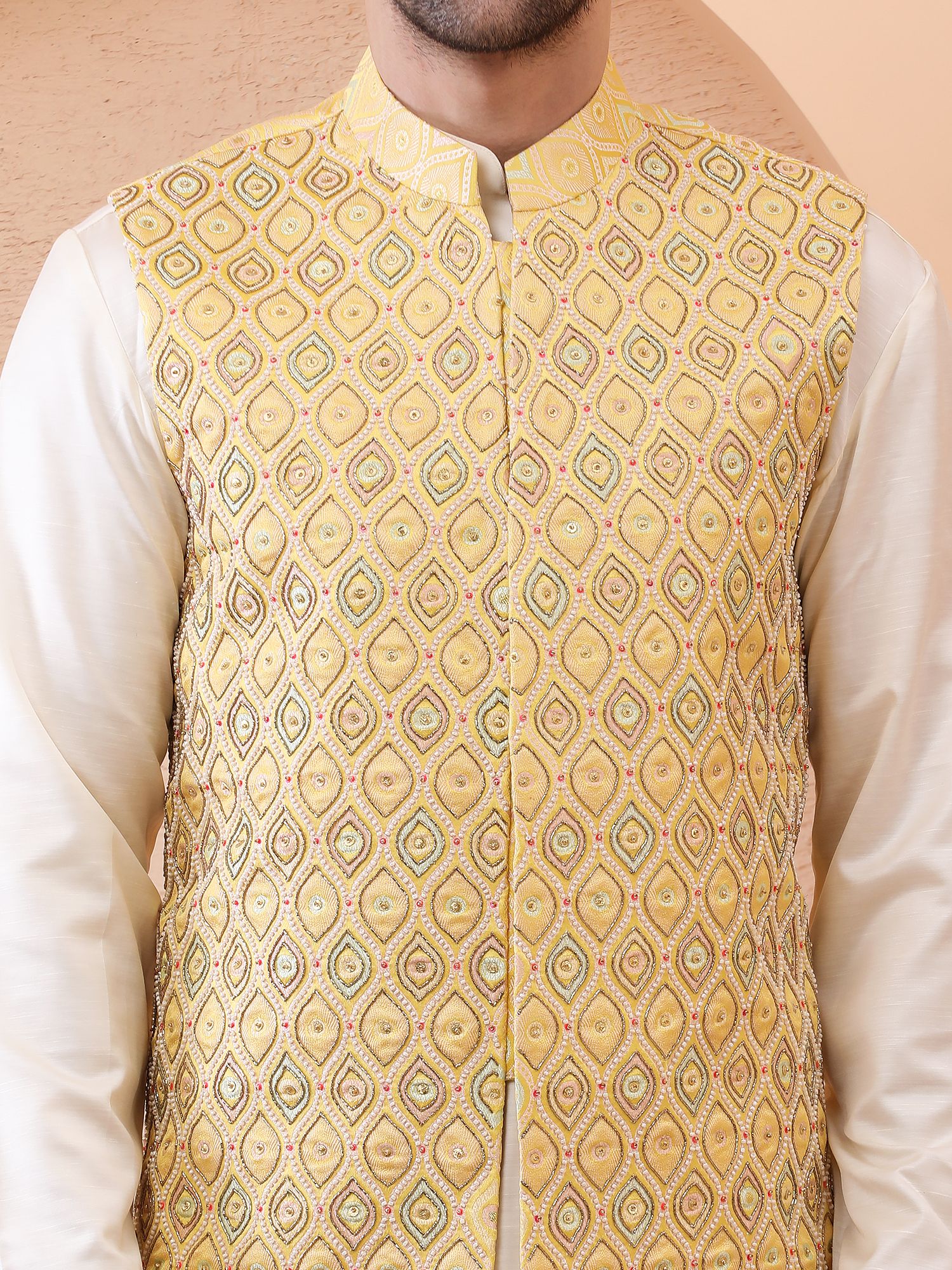 NAQSH-E-ZAR – HAND EMBROIDERED DESIGNER BUNDI SET – YELLOW