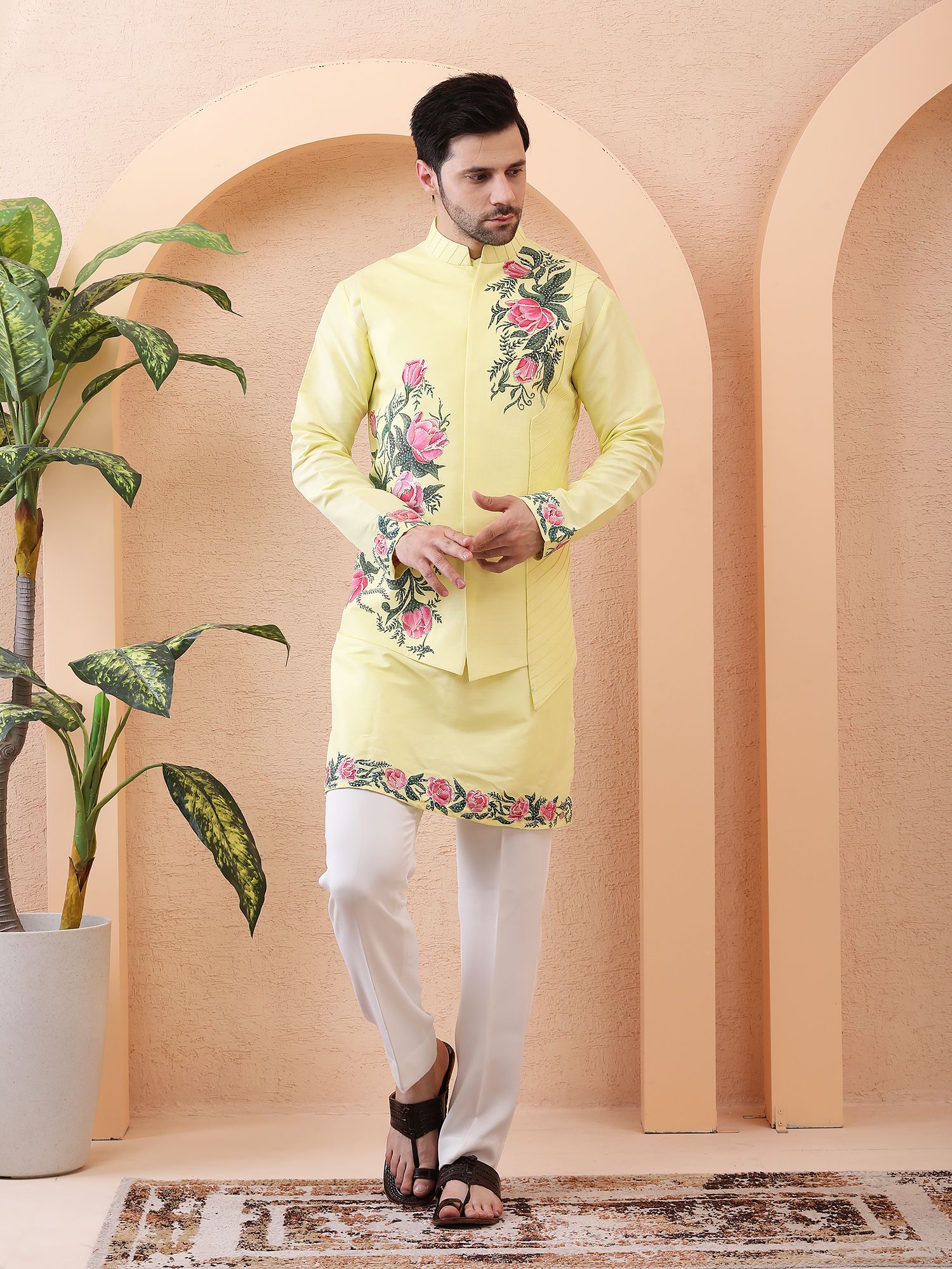 GUL-E-BAHAR – HAND PAINTED DESIGNER BUNDI SET – PASTEL YELLOW