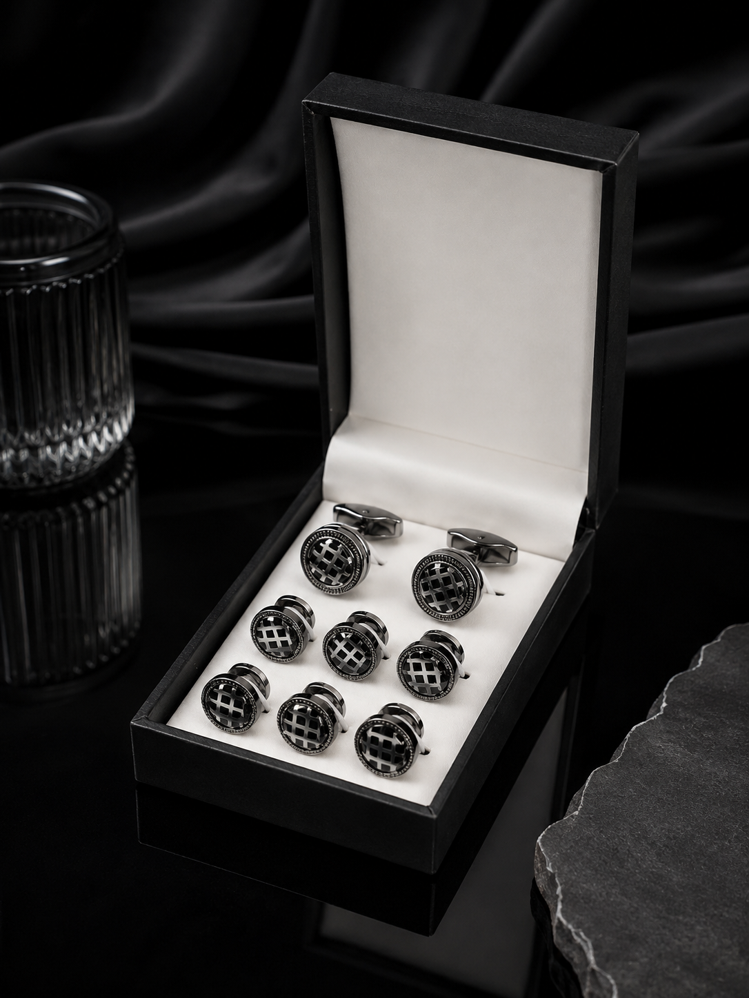 BLACK MOSAIC – DESIGNER CUFFLINK & BUTTON SET