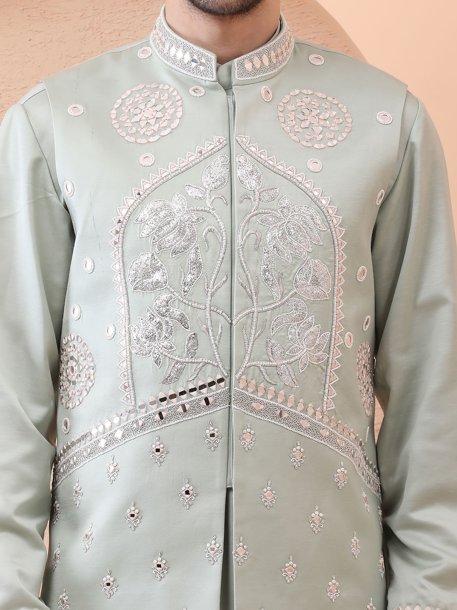 BLOOMING LOTUS – MIRROR HAND EMBROIDERED DESIGNER BUNDI SET – SAGE GREEN