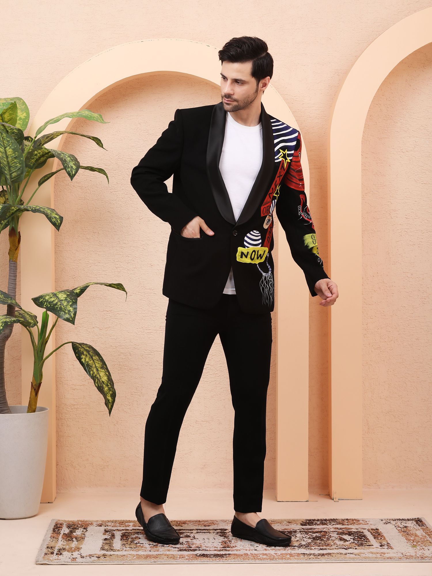 POP ART HAND-PAINTED DESIGNER BLAZER – BLACK