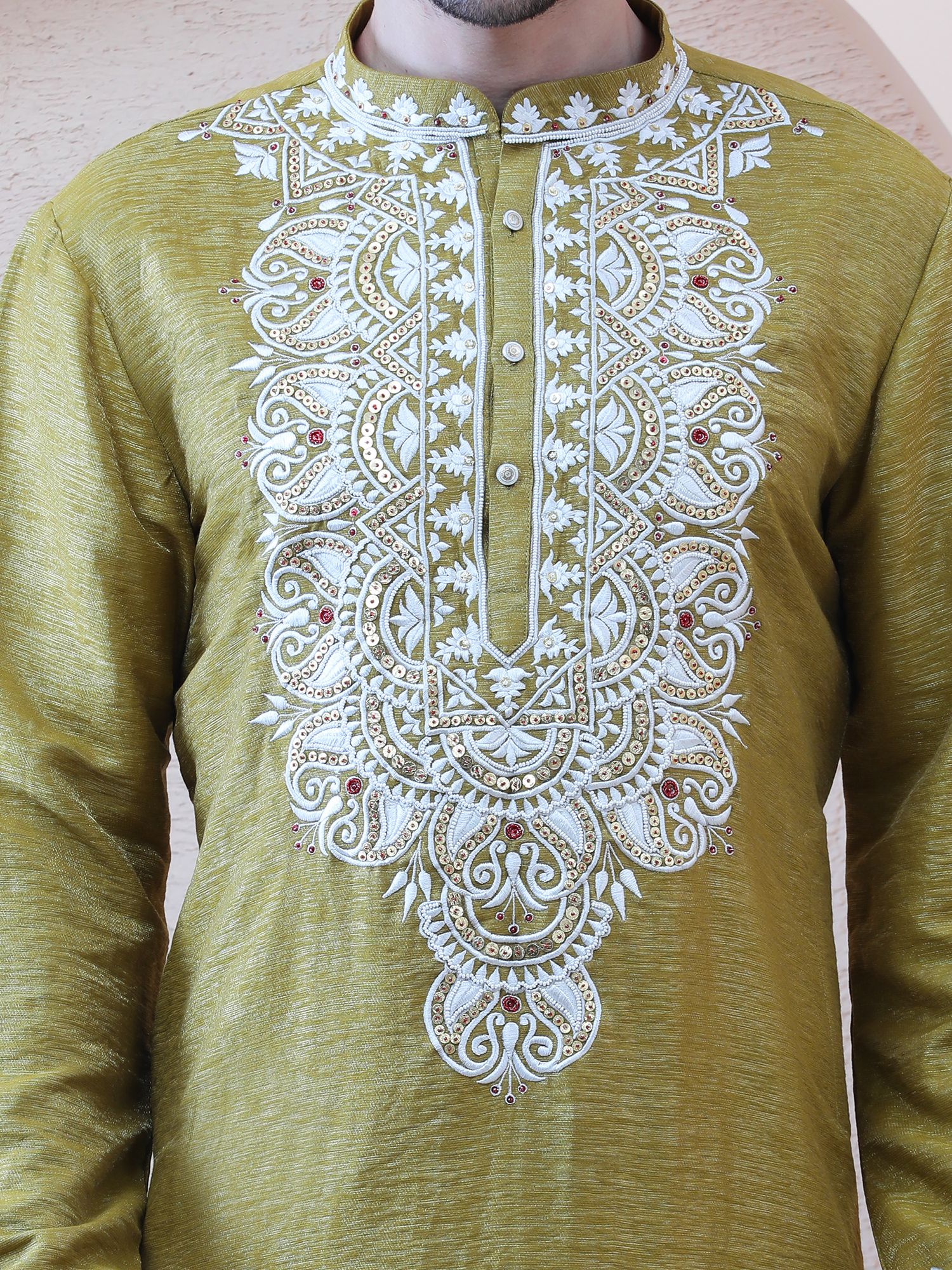 SHOLAPITH – HERITAGE EMBROIDERED KURTA – MUSTARD OLIVE