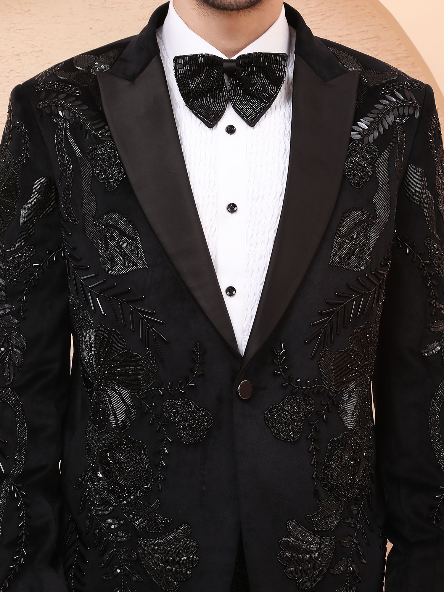OBSIDIAN FLORA – HAND EMBROIDERED DESIGNER TUXEDO – BLACK