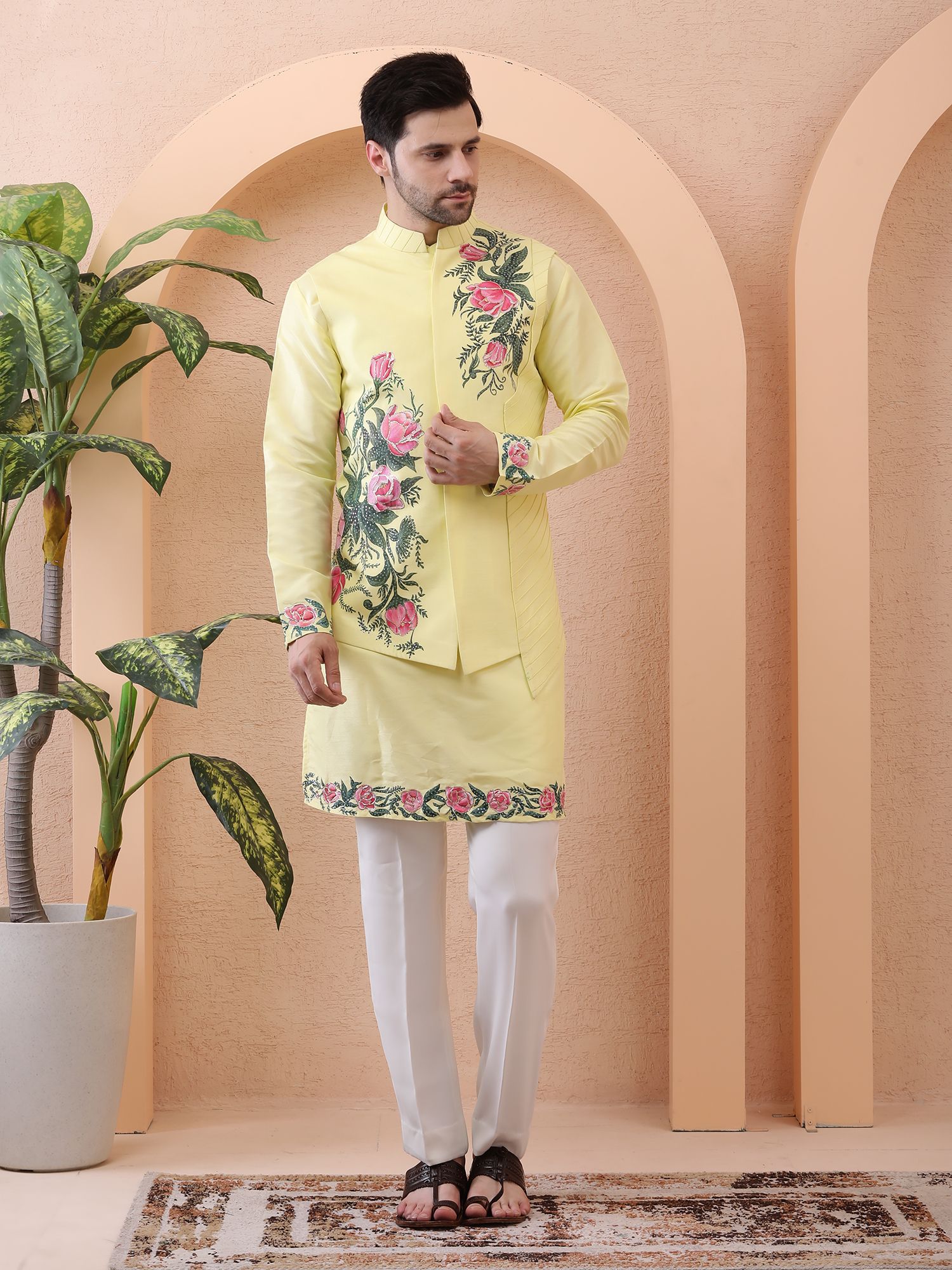 GUL-E-BAHAR – HAND PAINTED DESIGNER BUNDI SET – PASTEL YELLOW