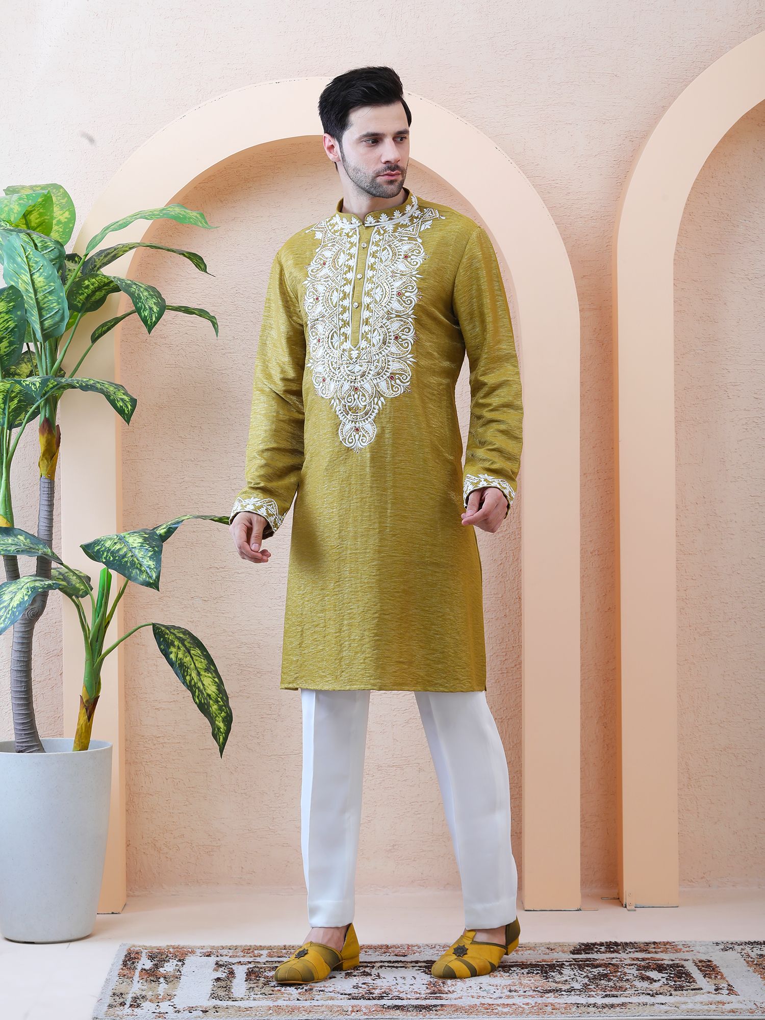 SHOLAPITH – HERITAGE EMBROIDERED KURTA – MUSTARD OLIVE