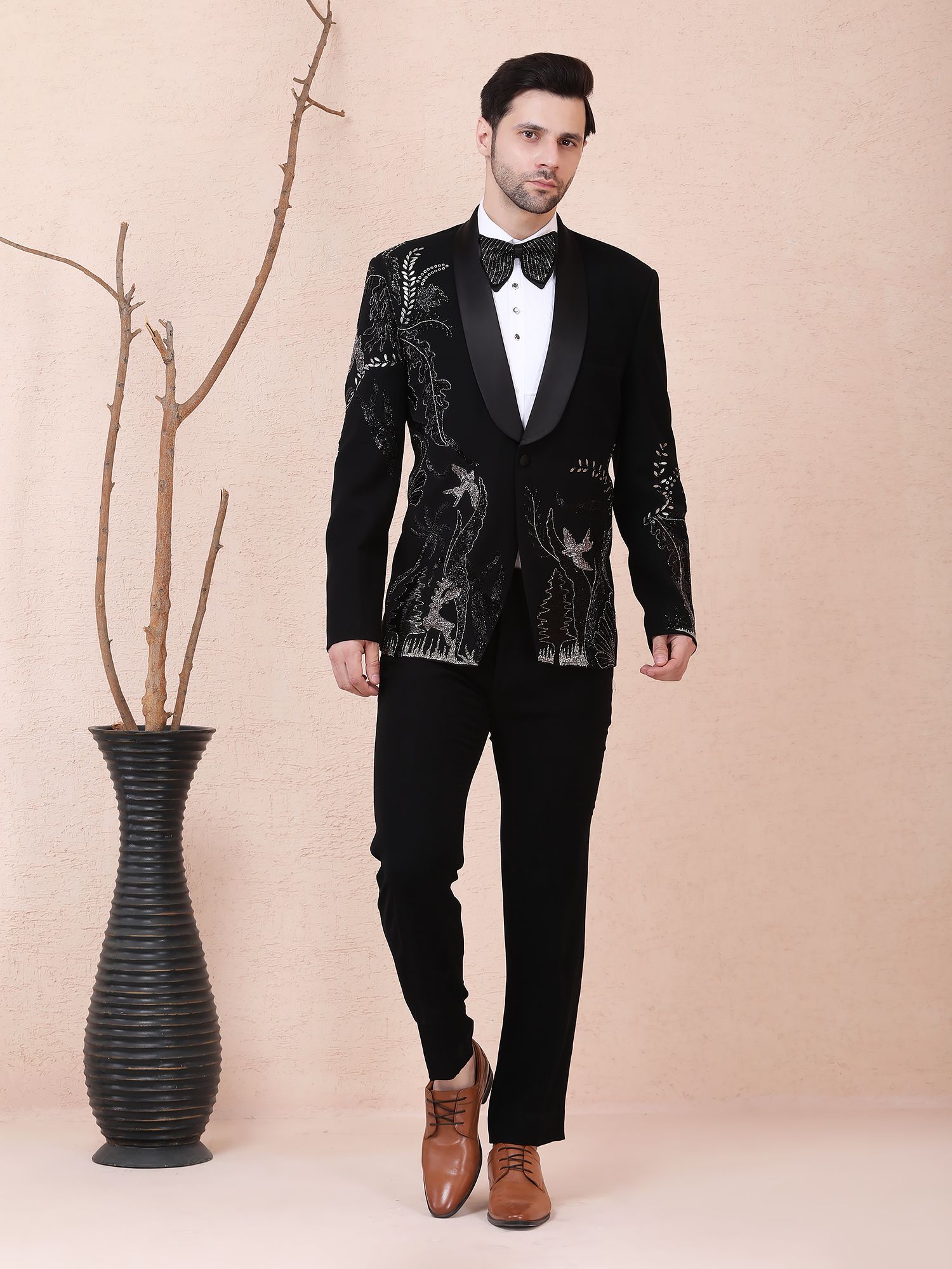 MYSTIC FOREST – HAND EMBROIDERED DESIGNER TUXEDO – BLACK