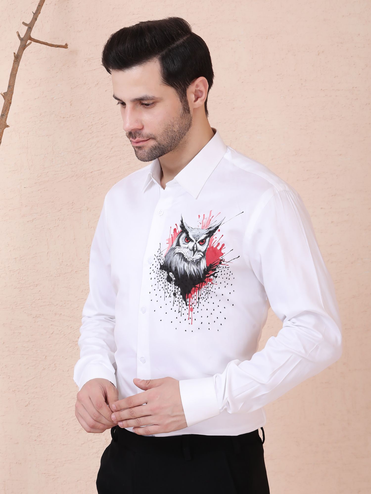 MYSTIC OWL – HANDPAINTED DESIGNER SHIRT – WHITE